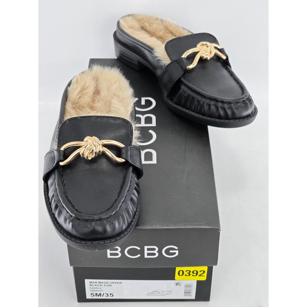 BCBG Kaara-2 Mules Womens Size 5 Black Faux Fur Gold Knot Trim - New